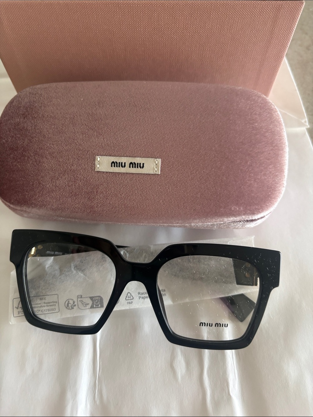 Miu Miu Black Square Optical Glasses with Pink Velvet Case